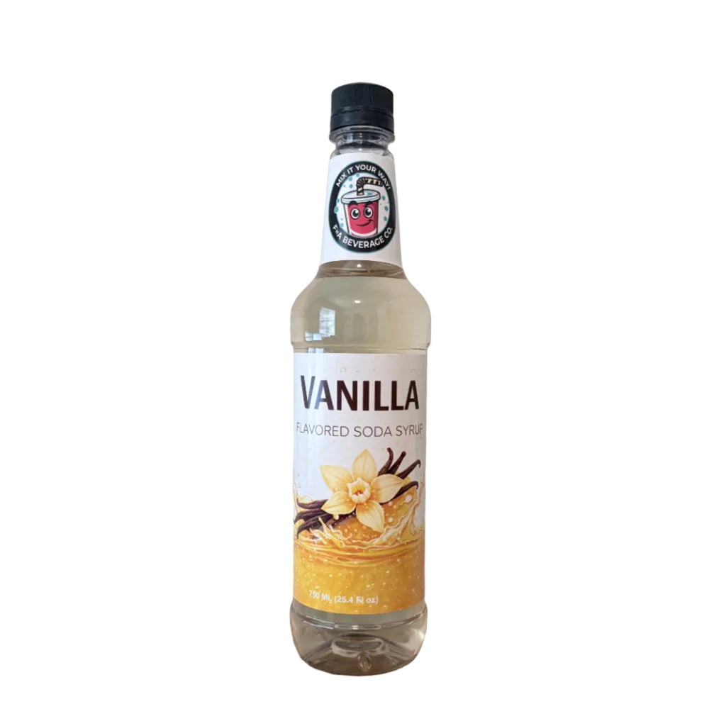 Bottle of vanilla-flavored syrup on a white surface